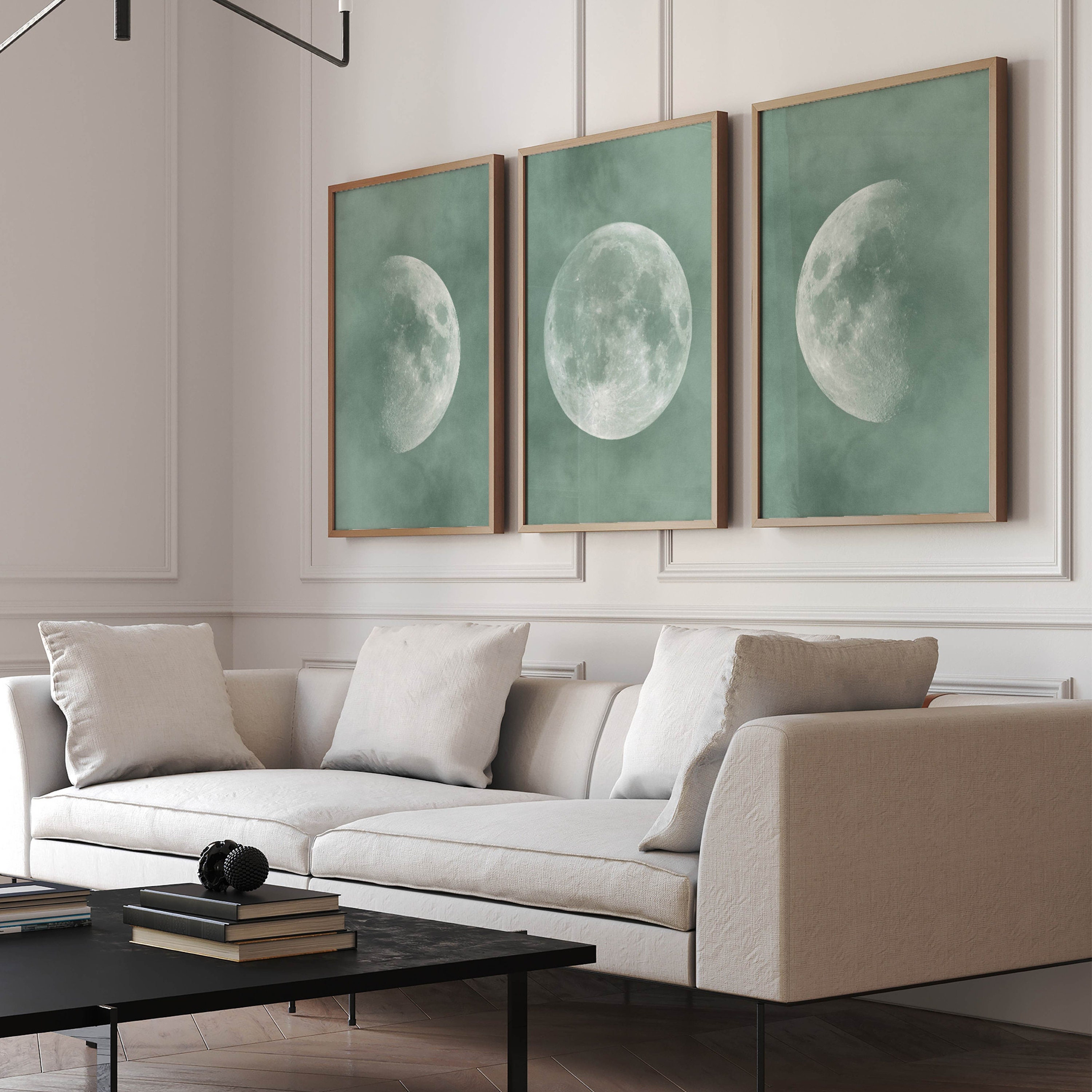 Sage Green Moon Wall Art, Set of 3 Prints, Living Room Decor, Moon