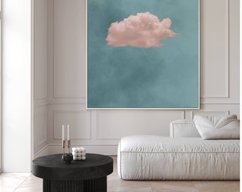 Arte de pared en lienzo con nubes azules, arte enmarcado en rosa, decoración de sala de estar extragrande, arte de pared colorido, arte de pared con cielo, decoración minimalista de habitación en tonos pastel