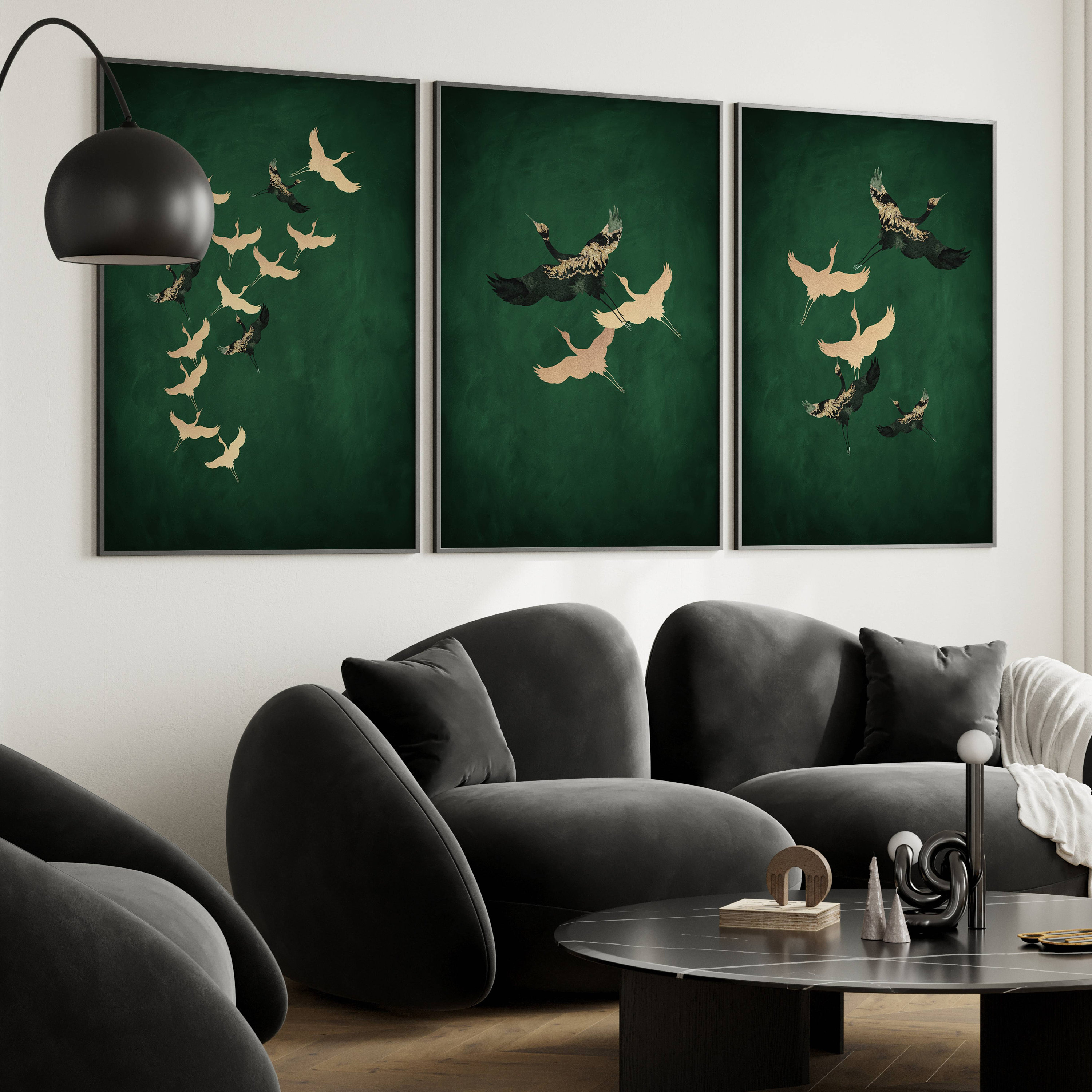 Gold and Green Japanese Wall Art Set of 3 Prints, Emerald Green