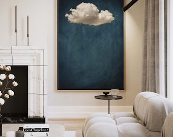 Vintage Cloud Canvas Wall Art, Modern Blue Abstract Painting, Large Living Room Decor, Minimalist Framed Art, Night Sky Print, Moody Art