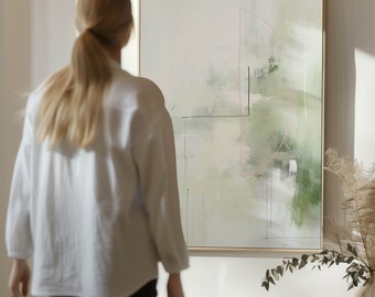 Sage Green Minimalist Canvas Wall Art, Framed Art Print, Large Wall Art, Green & Pink Living Room Decor, Modern Abstract Painting, Bedroom