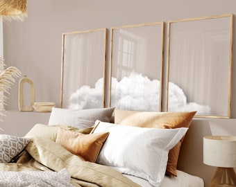 Schlafzimmer Wandkunst über dem Bett, Wolkenkunst, 3er-Set Prints, Über dem Bett Dekor, Beige Wandkunst, Schlafzimmerwanddekoration, neutrale Wandkunst, weiß