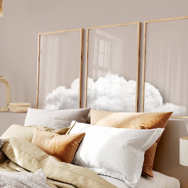 Set of 3 Beige Cloud Prints · Beige Aesthetic Decor, Above Bed Decor, Bedroom Decor, Cloud Poster, Minimalist Wall Art, Japandi Decor, Room