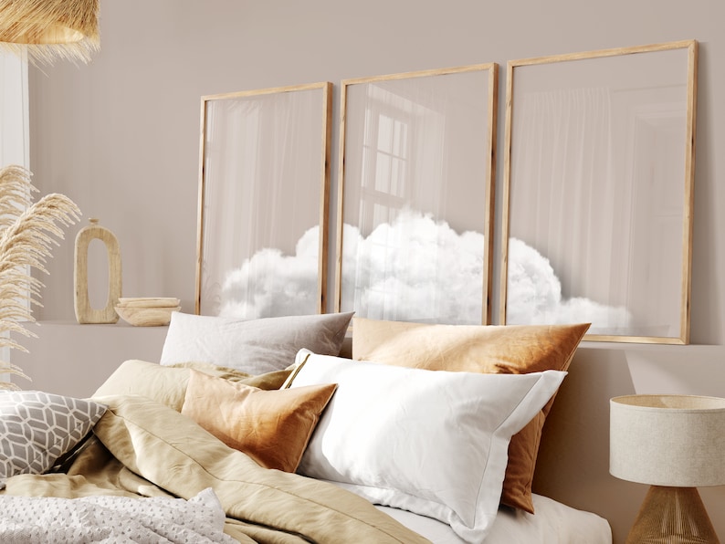 Bedroom Wall Art Over the Bed, Cloud Art, Set of 3 Prints, Above Bed Decor, Beige Wall Art, Bedroom Wall Decor, Neutral Wall Art, White image 1