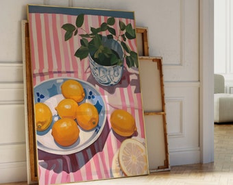 Oranges Wall Art Print, Colorful Wall Art, Painting, Kitchen Wall Decor, Dining Room, Large, Blue French Decor, Cottagecore, Farmhouse decor
