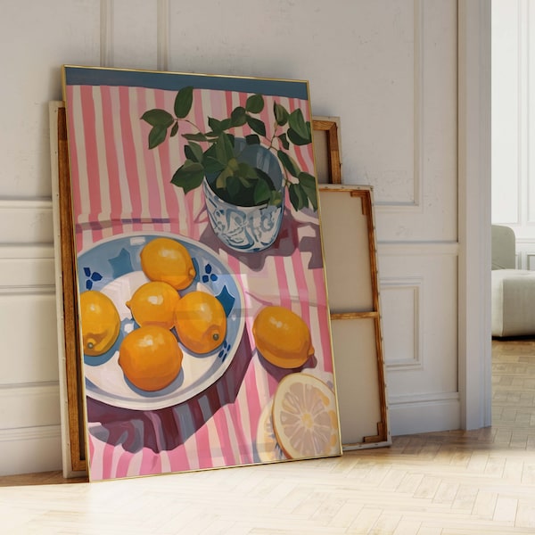 Oranges Wall Art Print, Art mural coloré, Peinture, Décoration murale de cuisine, Salle à manger, Grand, Décor Français bleu, Cottagecore, Décor de ferme