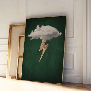 Grün-Gold Wolken-Druck Blitzschlag · Smaragdgrünes Dekor · Abstrakte Kunst · Minimalistische Wandkunst · Maximalist-Dekor · Wohnzimmerdekor