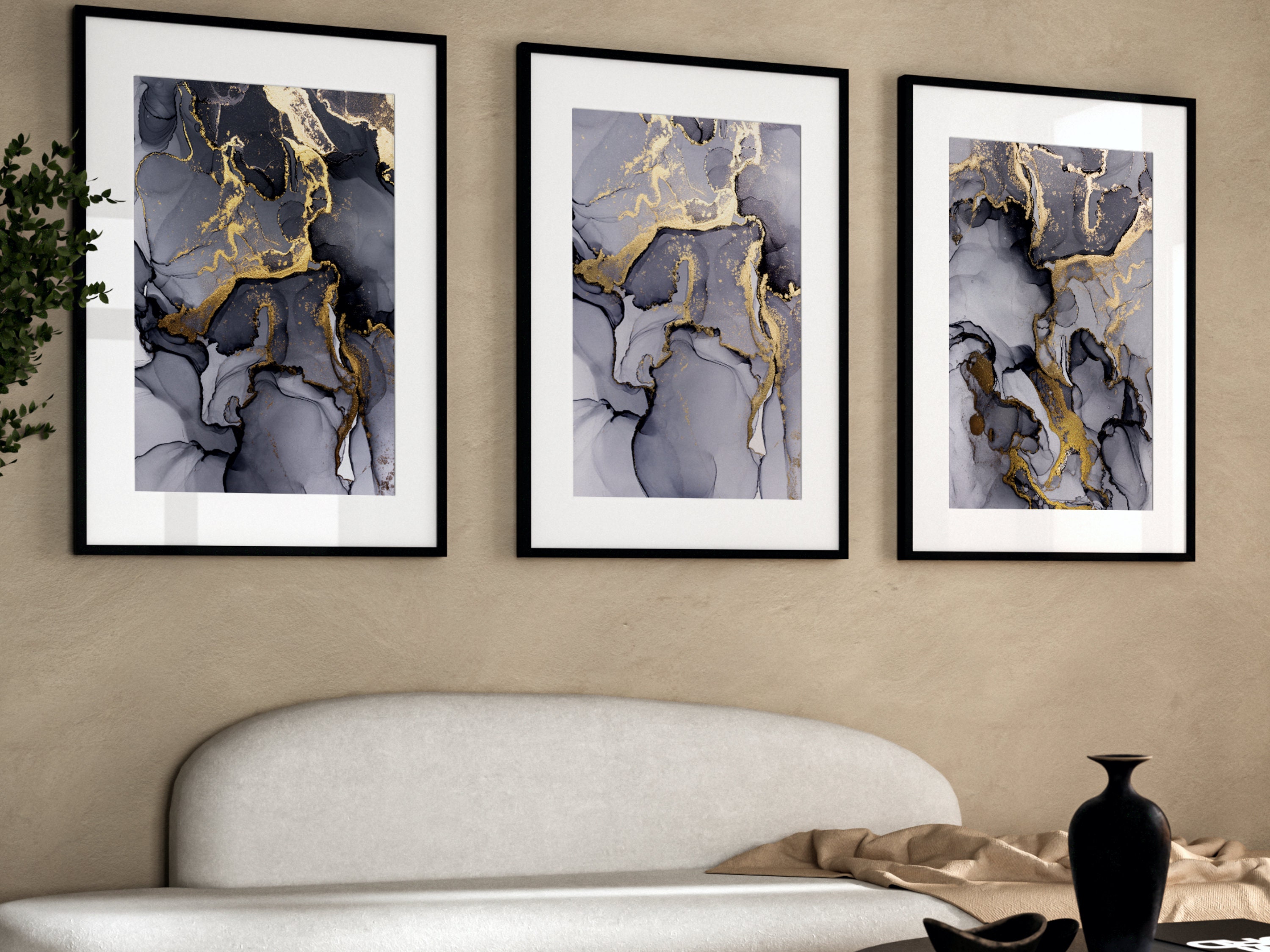 Grey and Gold Marble Wall Art · Set of 3 Prints · Black Wall Art ...