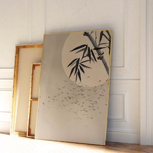 Japanischer Kunst Druck, Fliegende Vögel, Beige, Bambus Landschaft, Sonne, Wohnzimmer Dekor, Groß, Japandi Art, Zen, Wabi Sabi, Neutrale Wand Kunst