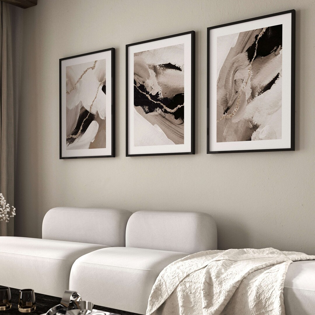 Black and Gold Beige Wall Art, Set of 3 Prints, Abstract Art ...