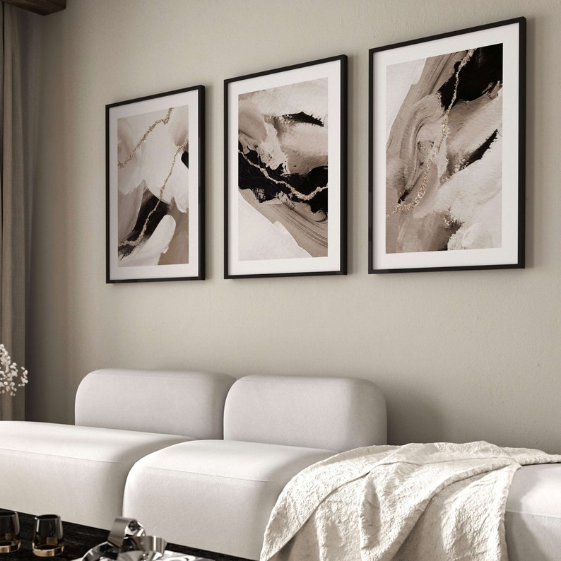 Black and Gold Beige Wall Art, Set of 3 Prints, Abstract Art, Minimalist Wall Art, Gallery Wall Set, Living Room Decor, Japandi, Wabi Sabi
