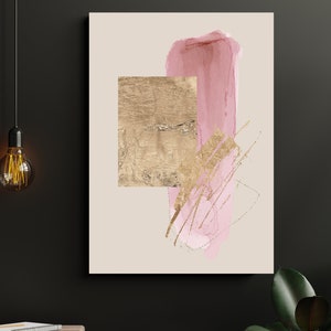 Arte de parede rosa e dourada · Arte abstrata · Arte de parede dourada · Arte de parede minimalista · Efeito folha de ouro · Decoração de sala de estar, decoração acima da cama, quarto
