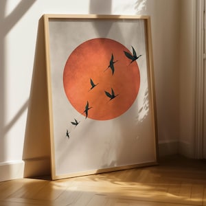 Lámina artística japonesa de color naranja quemado, arte mural con pájaros voladores, arte abstracto de luna de sangre, decoración de sala de estar grande, arte mural japonés, decoración de dormitorio