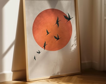 Japandi-kunstdruk verbrand oranje, vliegende vogels kunst aan de muur, abstracte bloedmaankunst, grote woonkamerdecor, Japanse muurkunst, slaapkamerdecor