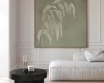 Sage Green Botanical Canvas Wall Art Print, Square, Minimalist, Extra Large Wall Art, Living Room Decor, Framed Wall Art, Leaf, Painting