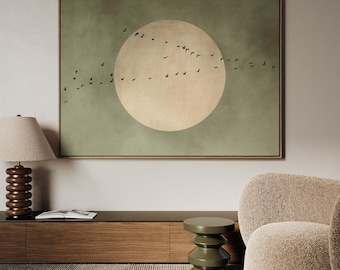 Lienzo de pájaros verde salvia para pared, impresión de luna flotante enmarcada, obra minimalista, decoración de dormitorio grande, arte de cielo horizontal, arte de pájaros voladores