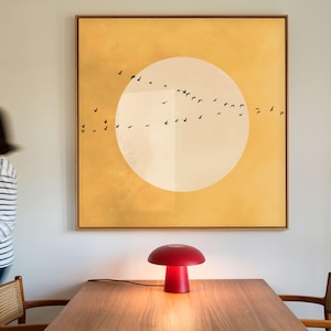 Yellow Sun Canvas Wall Art, Floating Framed Art, Square Sunset Print, Vibrant Sunshine Art, Large Living Room Decor, Birds Wall Hanging Gift