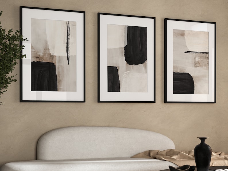 Black and Ivory Wall Art, Set of 3 Prints, Neutral Wall Art, Abstract Art, Minimalist Wall Art, Gallery Wall Set, Living Room Decor, Japandi