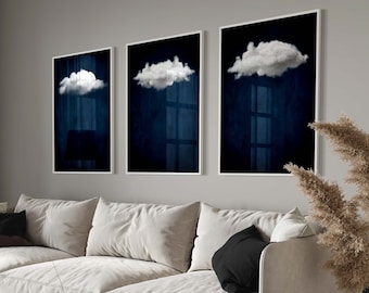 Blue Cloud Wall Art Prints, Set of 3 Prints, Navy Dark Blue Wall Art, Gallery Wall Set, Minimalist Wall Art, Large Living Room Decor, Indigo