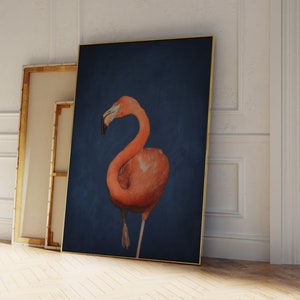 Flamingo Print · Flamingo Poster · Tropical Art · Living Room Decor · Botanical Print · Navy Blue Wall Art · Maximalist Decor