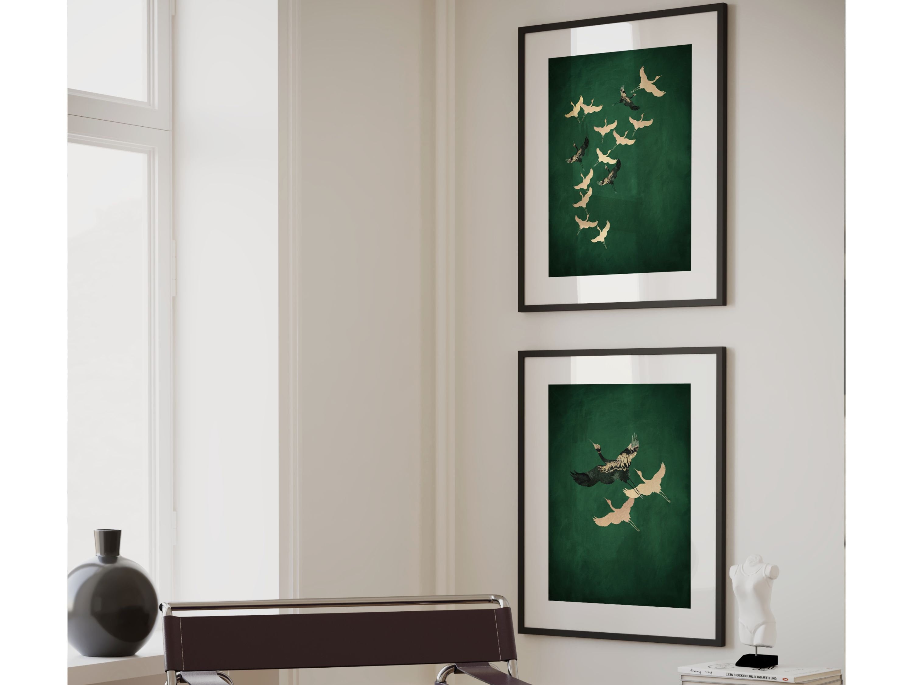 Gold and Green Japanese Wall Art Set of 3 Prints, Emerald Green