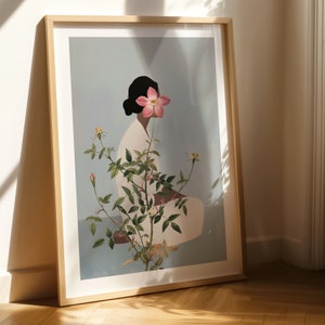 Blue Flower Head Woman Wall Art, Wildflower Botanical Print, Large Floral Poster, Maximalist Living Room Decor, Bedroom Art, New Home Gift