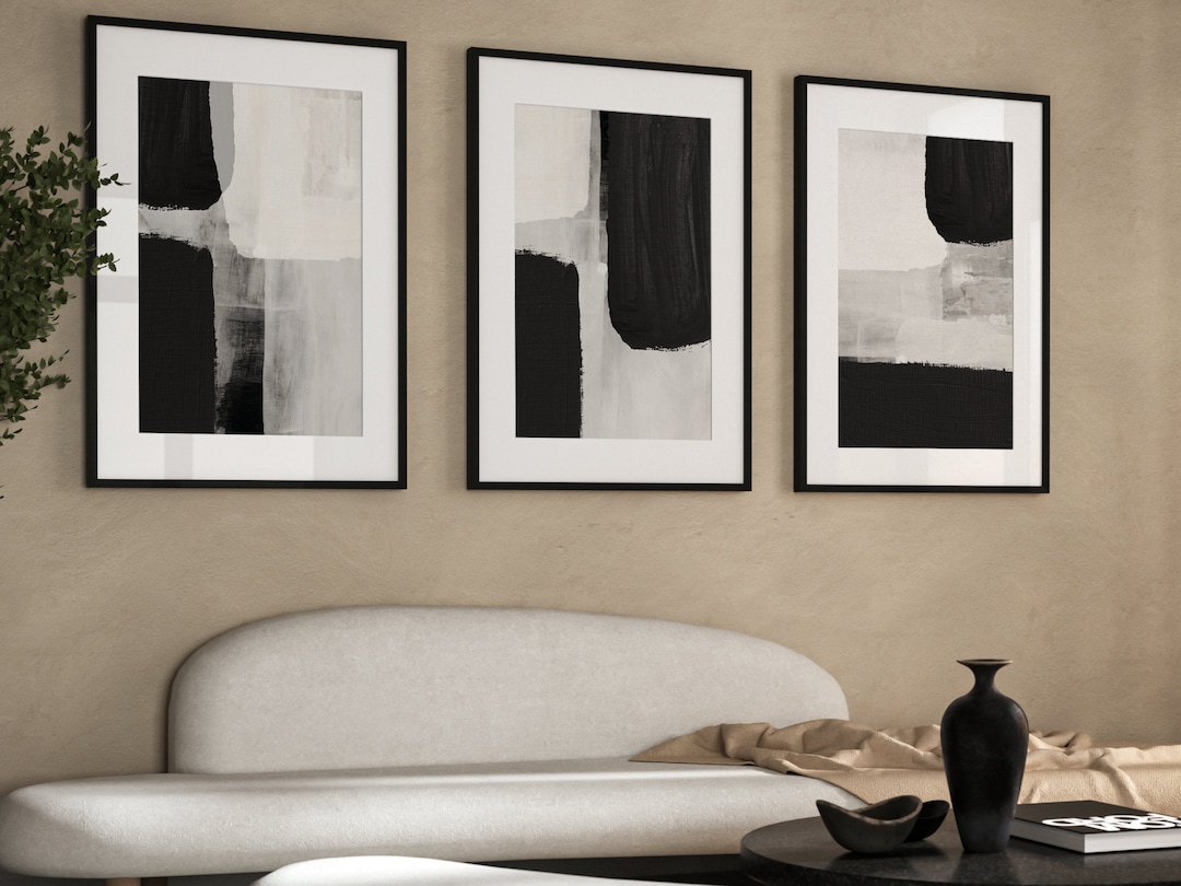 Set of 3 Black & White Prints, Grey Wall Art, Abstract Art, Minimalist