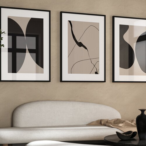 Abstract Shapes Black and Beige Wall Art Set of 3 Prints - Etsy UK