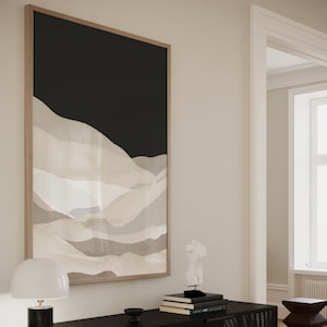 Schwarz & Beige Berg Wandkunst, abstraktes Poster, minimalistische Wandkunst, Wohnzimmer Dekor, große Wandkunst, Neutrale Wandkunst, gerahmte Kunst