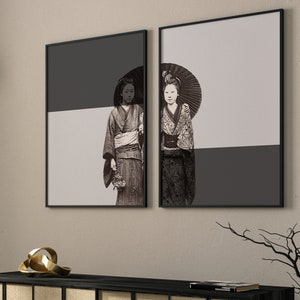 Conjunto de arte de pared japonés de 2 grabados · Geisha Girl · Impresión japonesa vintage, arte de pared en blanco y negro, arte de pared maximalista, decoración de pared ecléctica