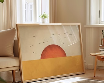 Yellow Flock of Birds Wall Art, Orange Sun Art Print, Japandi Wall Art, Abstract Landscape, Large Living Room Decor, Horizontal Wall Art