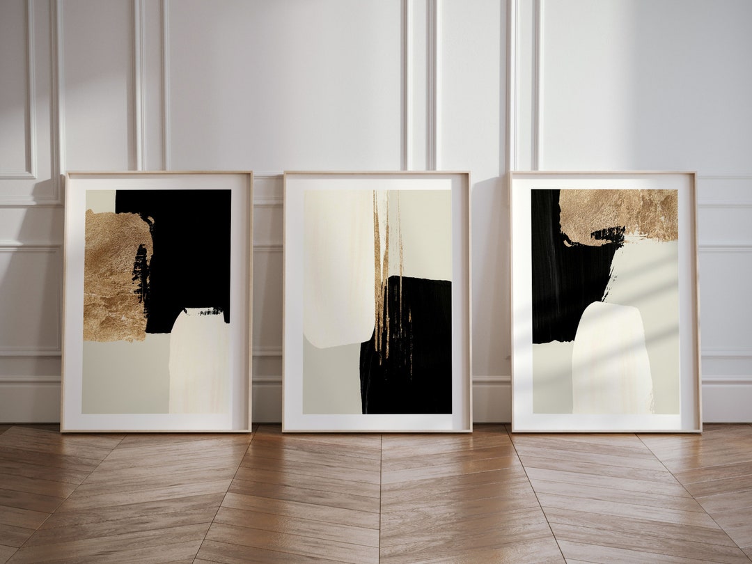 Black and Gold Wall Art · Set of 3 Prints · Beige Wall Art, Abstract ...