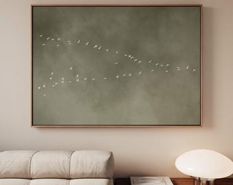 Olive Green Wabi Sabi Canvas Art, Framed Flock of Birds Print, Horizontal Sky Art, Large Minimalist Living Room Decor, Dark Sage Zen Decor