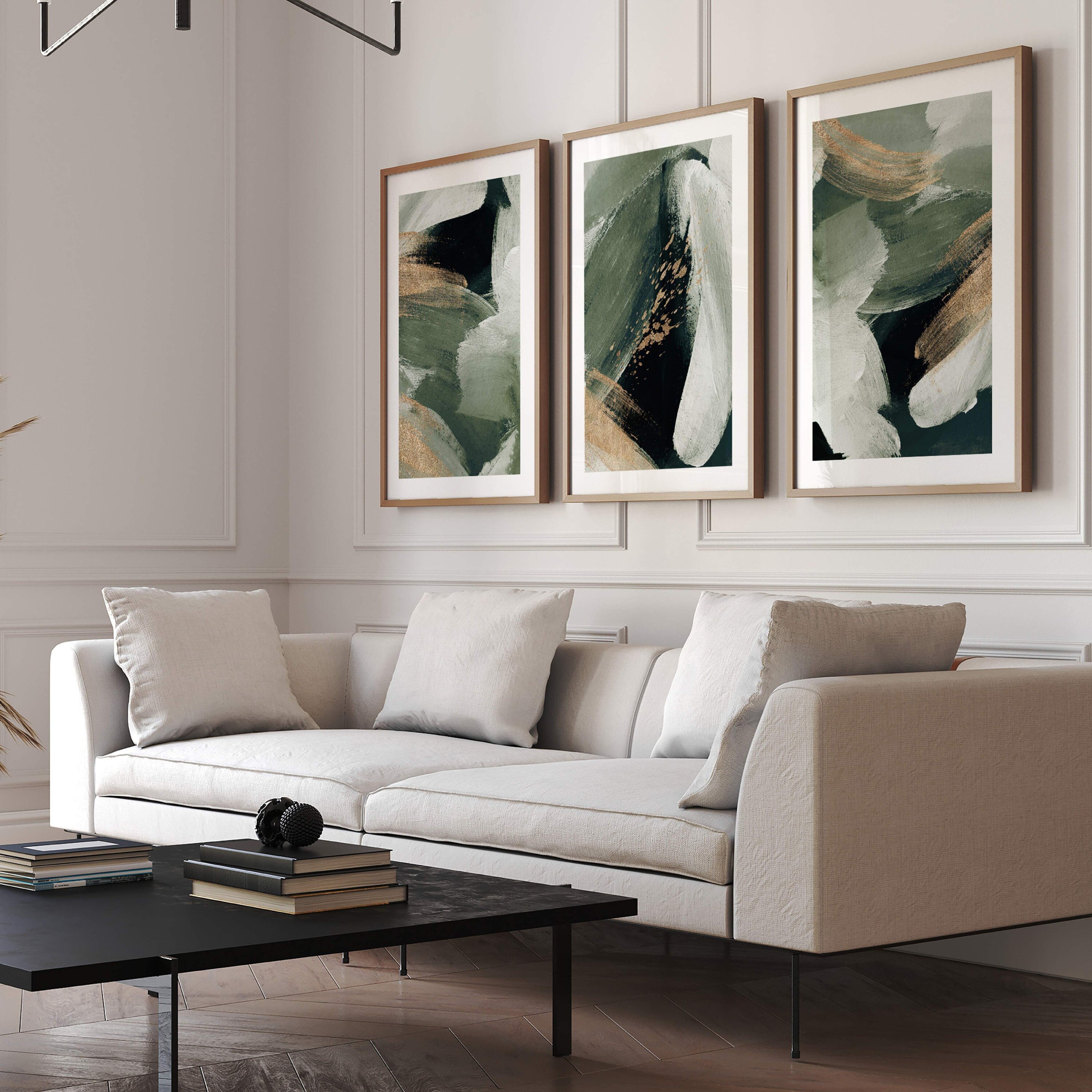 Green and Gold Abstract Set of 3 Prints · Olive Abstract Art