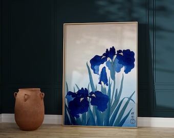 Blue Japanese Floral Print, Ohara Koson, Iris Flowers, Living Room Decor, Bedroom, Japandi Decor, Vintage Japanese Wall Art, Japanese Poster