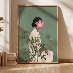 Grüner Blumenkopf Frau Wandkunst, Botanischer Druck, Abstrakte Menschen, Großes Blumen Poster, Maximalist Wohnzimmer Dekor, Giclée Original Kunst