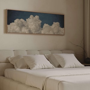 Vintage Blue Clouds Panoramic Canvas Wall Art, Framed Horizontal Wall Art, Wide Minimalist Art, Large Living Room Decor, Dark Blue Sky Art