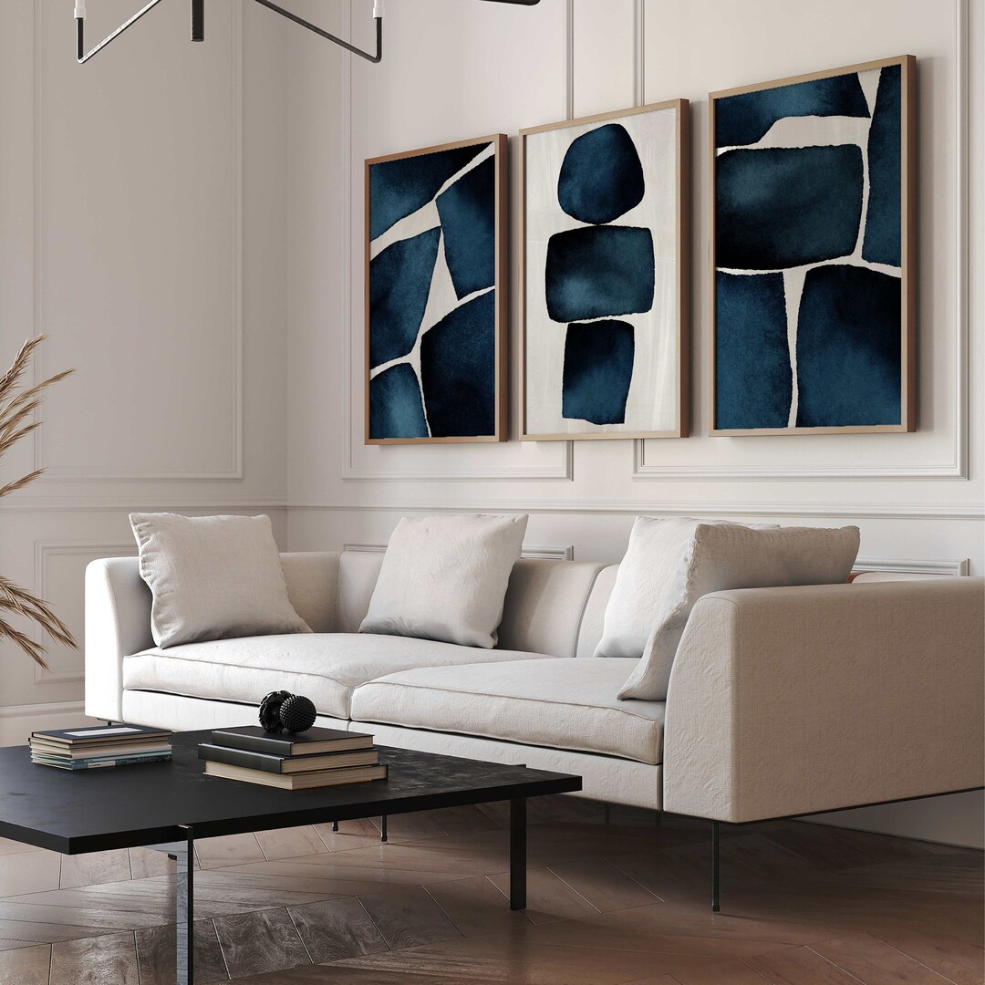 Navy Blue Abstract Wall Art, Set of 3 Prints, Dark, Sapphire, Gallery