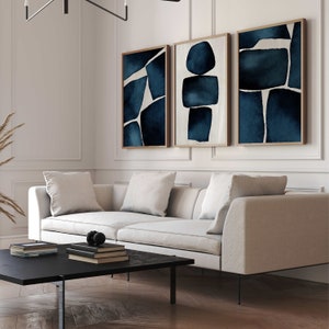 Navy Blaue Abstrakte Wandkunst, 3er Set Drucke, Dunkel, Saphir, Galeriewand, Minimalistisch, Wohnzimmer Dekor, Schlafzimmer, Über Bett, Groß