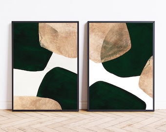 May include: Two abstract art prints with a white background and overlapping shapes in shades of green and brown.