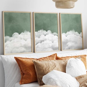 Bedroom Wall Art Over the Bed, Cloud Art, Set of 3 Prints, Above Bed Decor, Sage Green Decor, Bedroom Wall Decor, Neutral Wall Art, White