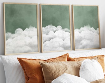 Bedroom Wall Art Over the Bed, Cloud Art, Set of 3 Prints, Above Bed Decor, Sage Green Decor, Bedroom Wall Decor, Neutral Wall Art, White