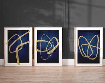 Navy And Gold Wall Art · Set of 3 Prints, Abstract Shapes, Line Art, Squiggles, Gallery Wall Set, Dark Blue Wall Art, Living Room Decor, A2