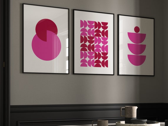 Hot Pink Wall Art, Set of 3 Prints, Mid Century Modern Wall Art, Bright Pink Decor, Abstract Art, Gallery Wall Set, Living Room Decor, Red