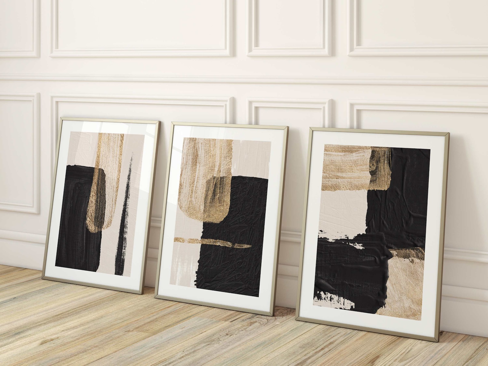 Black and Gold Wall Art Set of 3 Prints Beige Wall Art Etsy