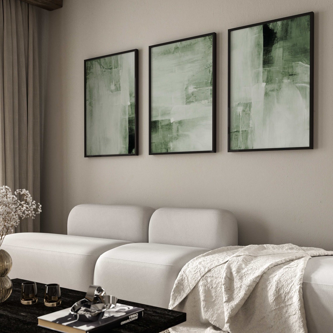Sage Green Abstract Wall Art Prints, Set of 3 Prints, Abstract Art ...