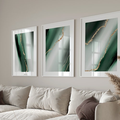 Set of Three Emerald Green and Gold Abstract Wall Prints Etsy UK