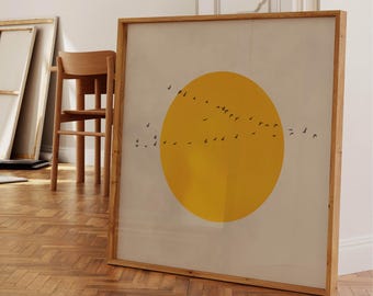 Arte de pared con luna llena amarilla y pájaros, impresión cuadrada enmarcada, decoración vibrante, pintura colorida, decoración de sala de estar grande, arte de pared japonés