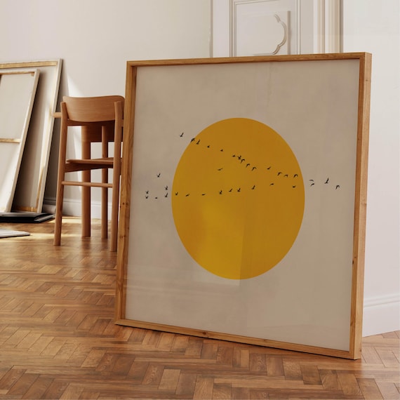 Yellow Full Moon and Birds Wall Art, Framed Square Print, Vibrant Decor, Colourful Painting, Large Living Room Decor, Japandi Wall Art