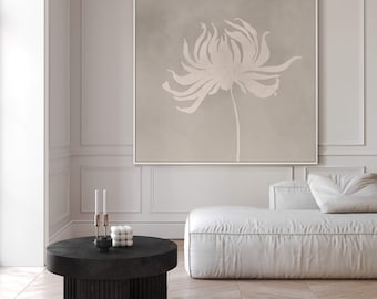 Neutral Minimalist Flower Canvas Wall Art, Square Floating Frame Wall Art, Botanical Print, Extra Large Wall Art, Living Room Decor, Bedroom
